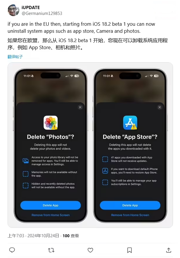 奉新苹果手机维修分享iOS 18.2 支持删除 App Store 应用商店 