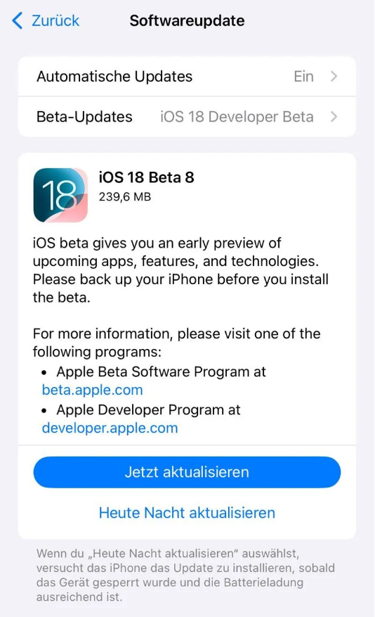 奉新苹果手机维修分享苹果 iOS / iPadOS 18 开发者预览版 Beta 8 发布 